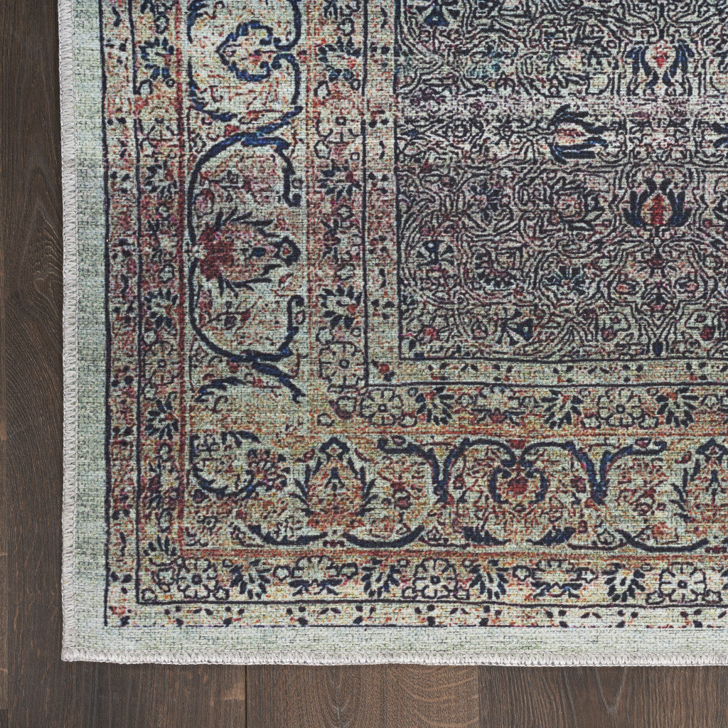 9 x 12 Blue & Brown Oriental Power Loom Distressed Washable Non Skid Rug