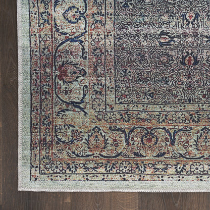 9 x 12 Blue & Brown Oriental Power Loom Distressed Washable Non Skid Rug