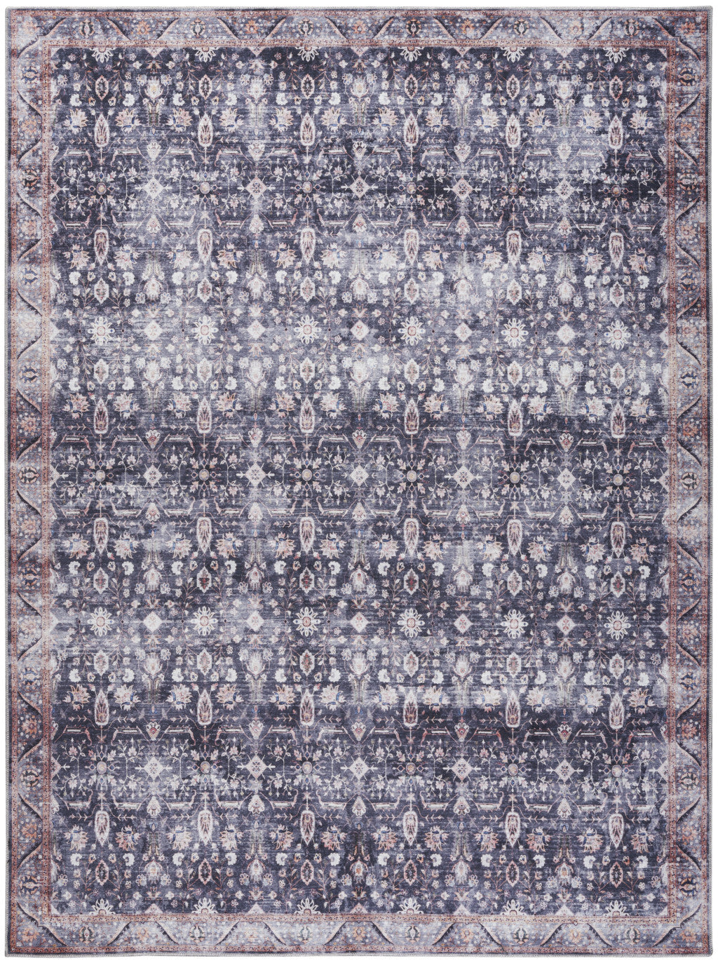 9 x 12 Blue & Ivory Oriental Power Loom Distressed Washable Non Skid Rug