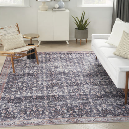 9 x 12 Blue & Ivory Oriental Power Loom Distressed Washable Non Skid Rug