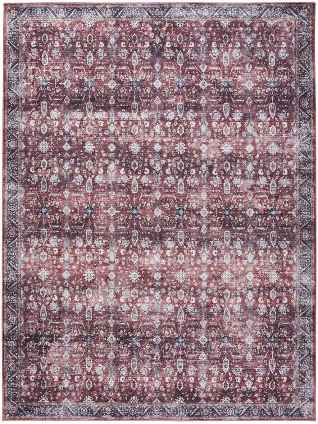 9 x 12 Red & Ivory Oriental Power Loom Distressed Washable Non Skid Rug