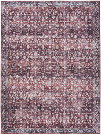 9 x 12 Red & Ivory Oriental Power Loom Distressed Washable Non Skid Rug