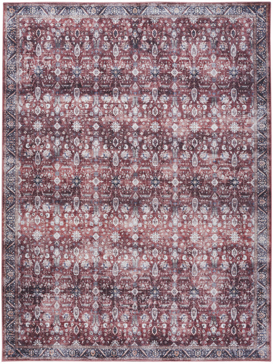 9 x 12 Red & Ivory Oriental Power Loom Distressed Washable Non Skid Rug