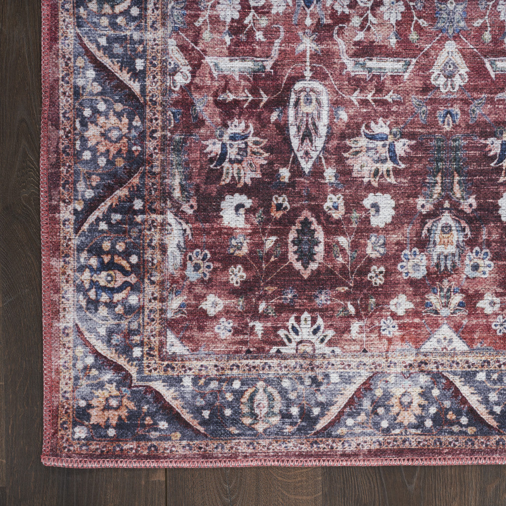 9 x 12 Red & Ivory Oriental Power Loom Distressed Washable Non Skid Rug