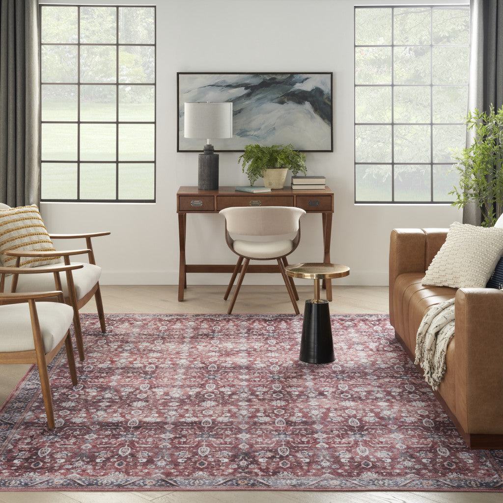 9 x 12 Red & Ivory Oriental Power Loom Distressed Washable Non Skid Rug