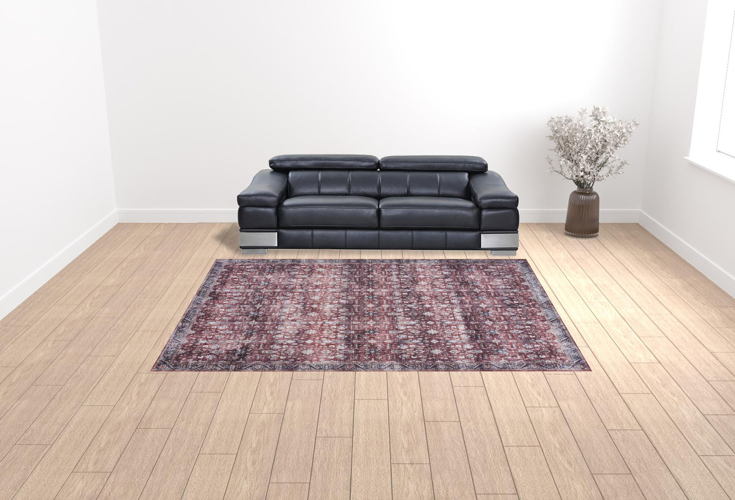 9 x 12 Red & Ivory Oriental Power Loom Distressed Washable Non Skid Rug