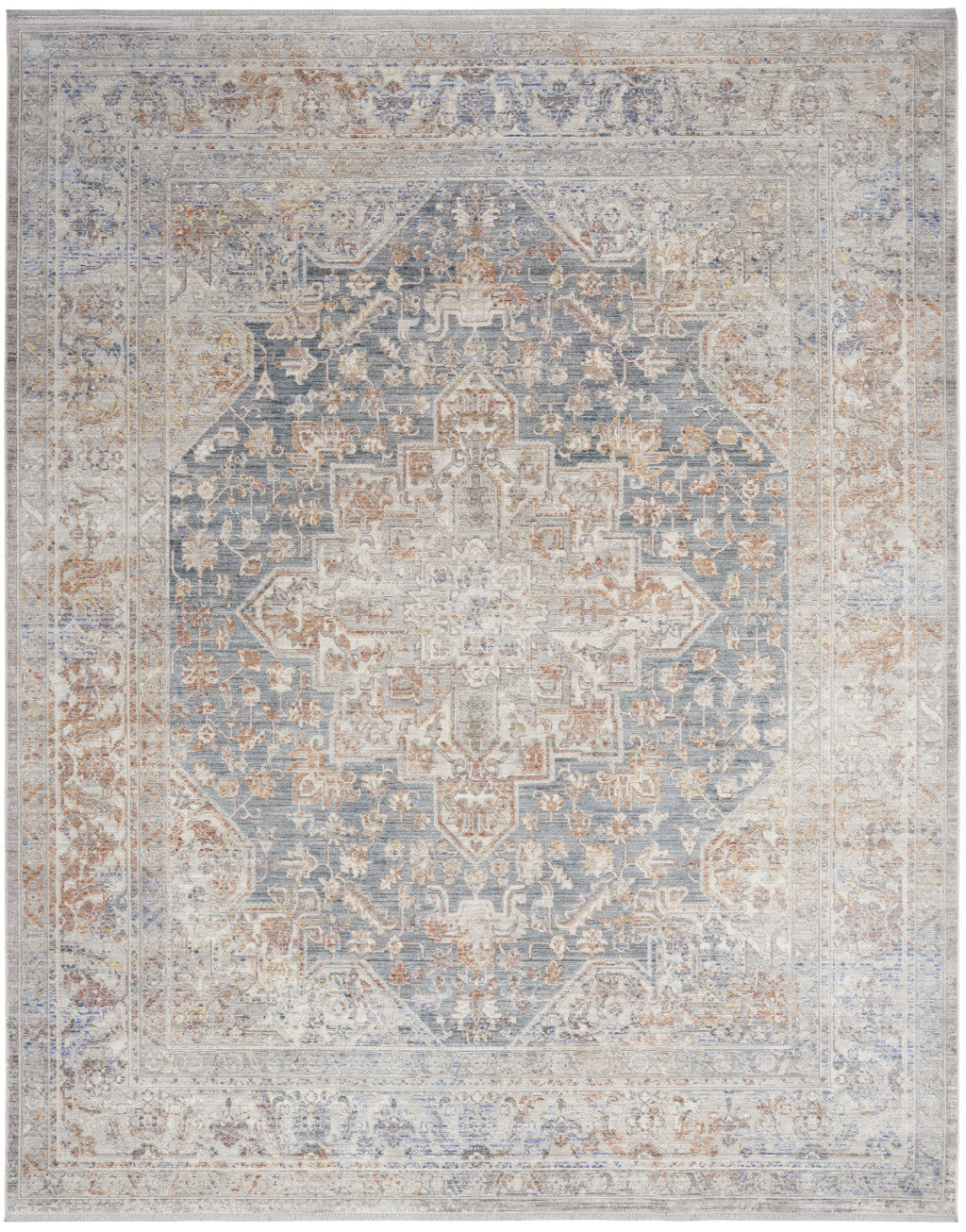 8 x 10 Ivory & Blue Oriental Power Loom Distressed Rug With Fringe