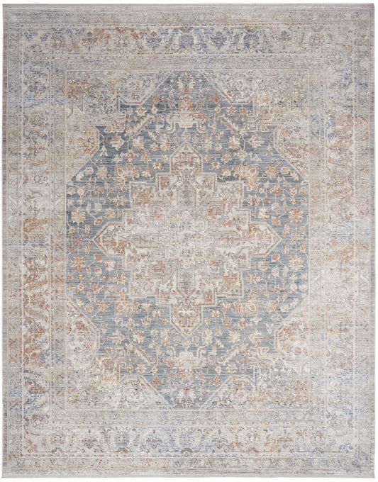 8 x 10 Ivory & Blue Oriental Power Loom Distressed Rug With Fringe