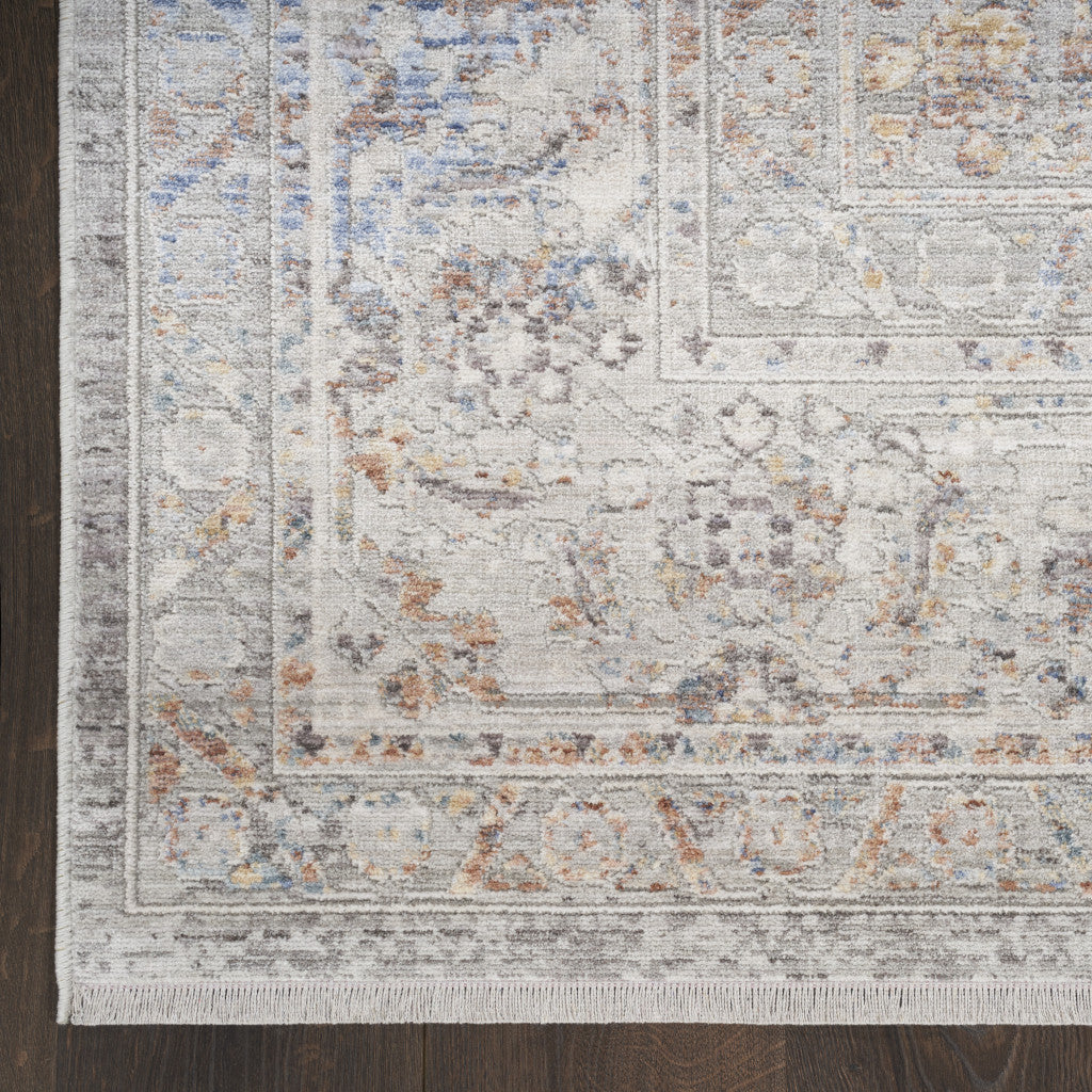 8 x 10 Ivory & Blue Oriental Power Loom Distressed Rug With Fringe