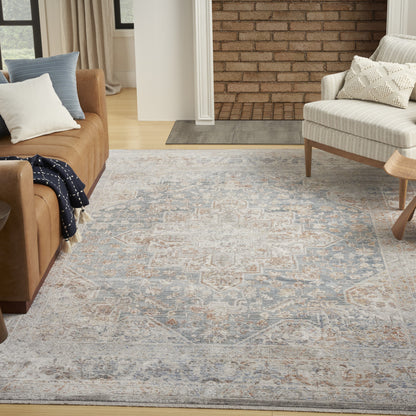 8 x 10 Ivory & Blue Oriental Power Loom Distressed Rug With Fringe