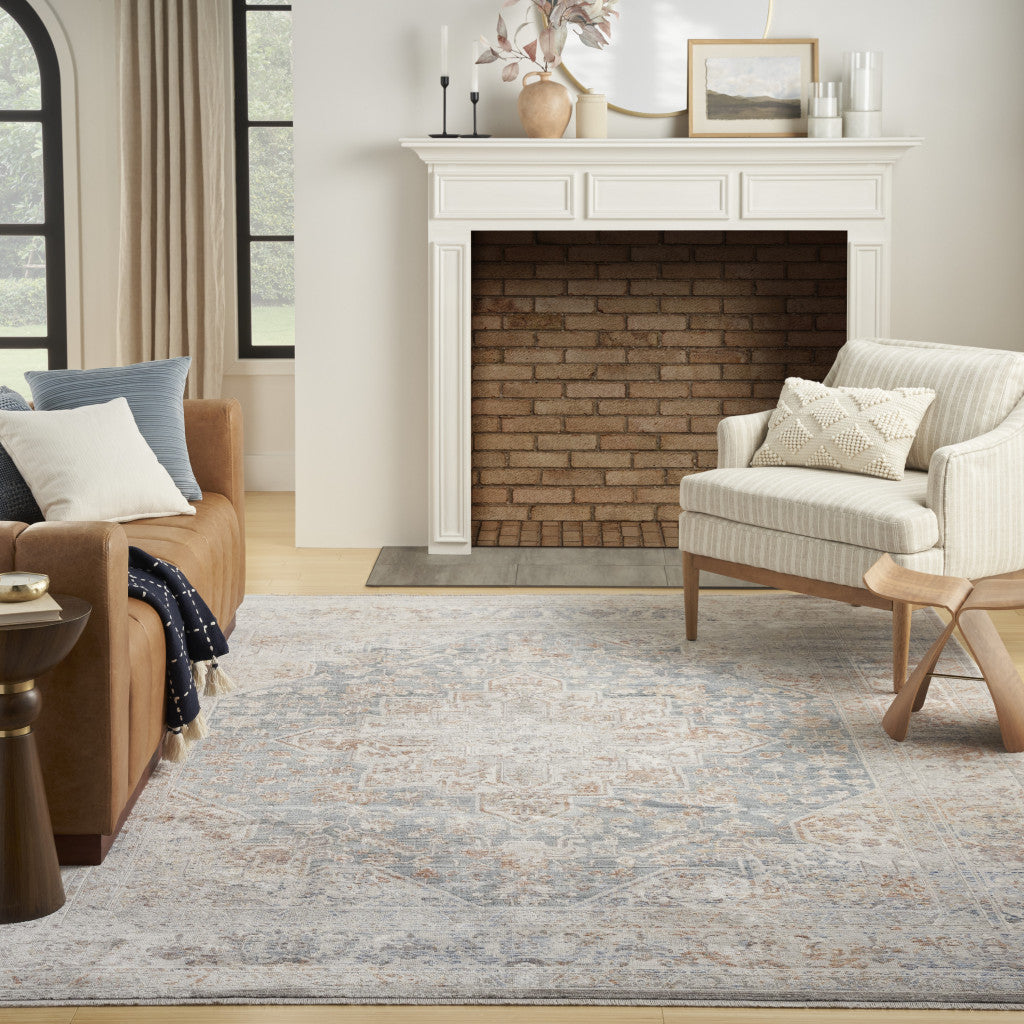 8 x 10 Ivory & Blue Oriental Power Loom Distressed Rug With Fringe