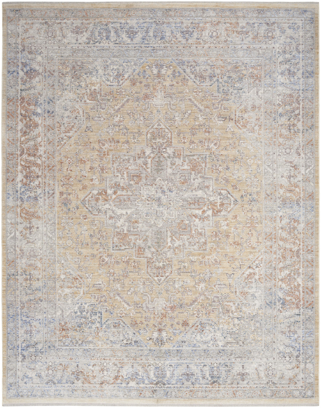 8 x 10 Gray & Gold Oriental Power Loom Distressed Rug With Fringe