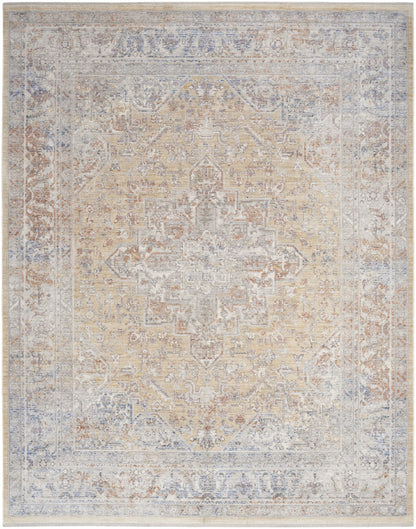 8 x 10 Gray & Gold Oriental Power Loom Distressed Rug With Fringe