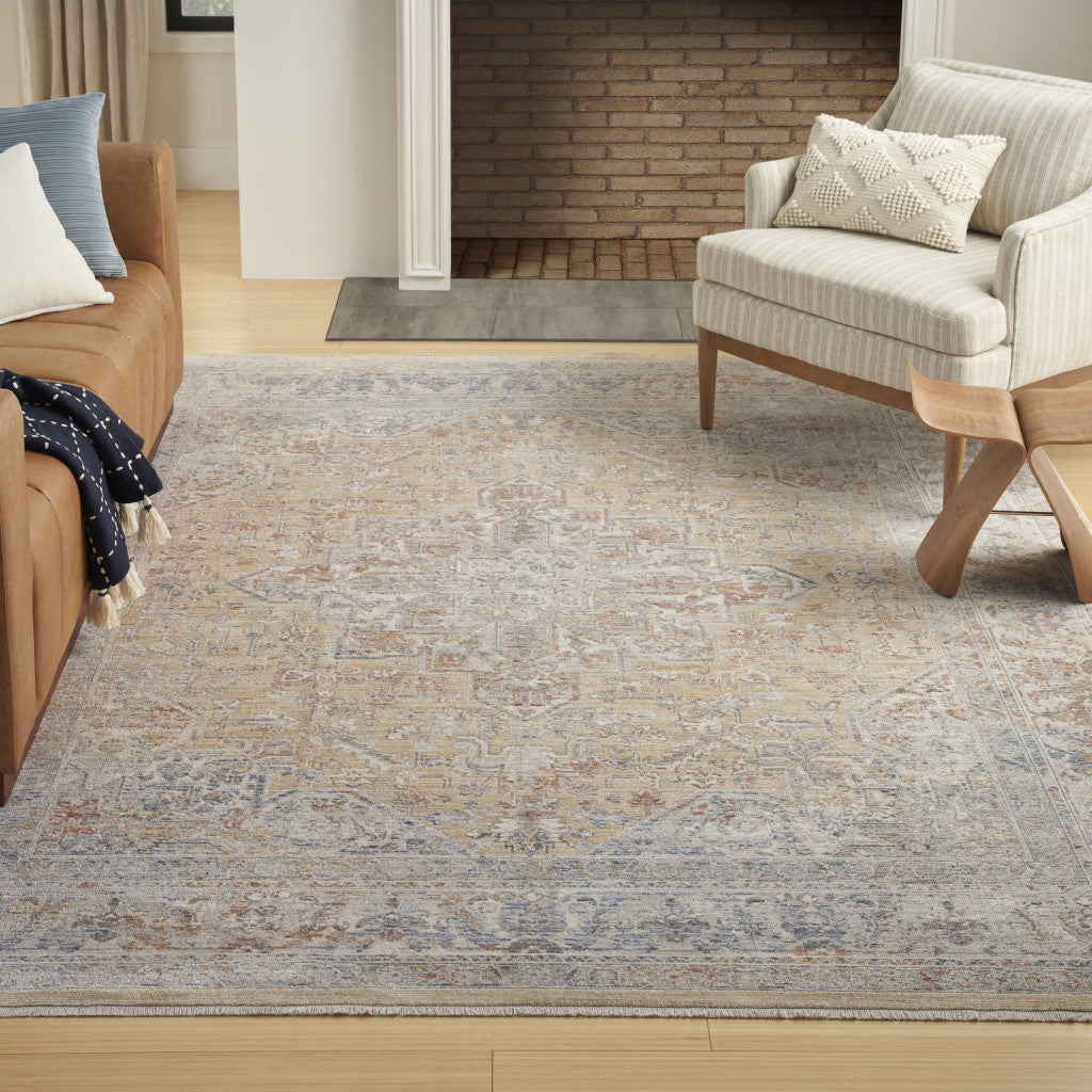 8 x 10 Gray & Gold Oriental Power Loom Distressed Rug With Fringe