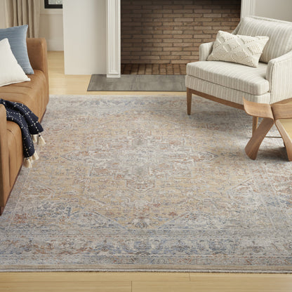 8 x 10 Gray & Gold Oriental Power Loom Distressed Rug With Fringe