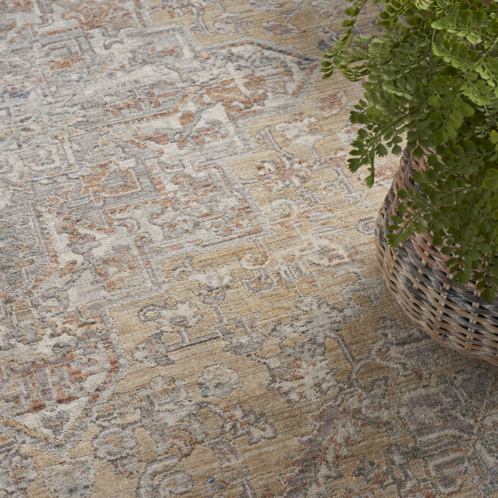 8 x 10 Gray & Gold Oriental Power Loom Distressed Rug With Fringe
