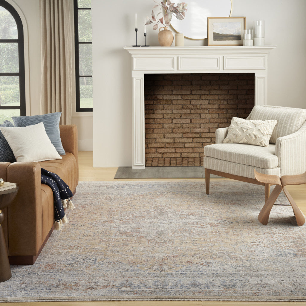 8 x 10 Gray & Gold Oriental Power Loom Distressed Rug With Fringe
