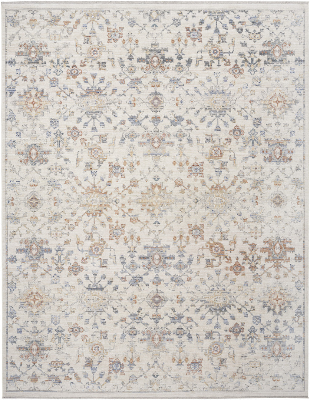 8 x 10 Ivory & Gray Oriental Power Loom Distressed Rug With Fringe