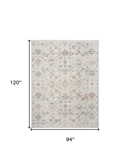 8 x 10 Ivory & Gray Oriental Power Loom Distressed Rug With Fringe