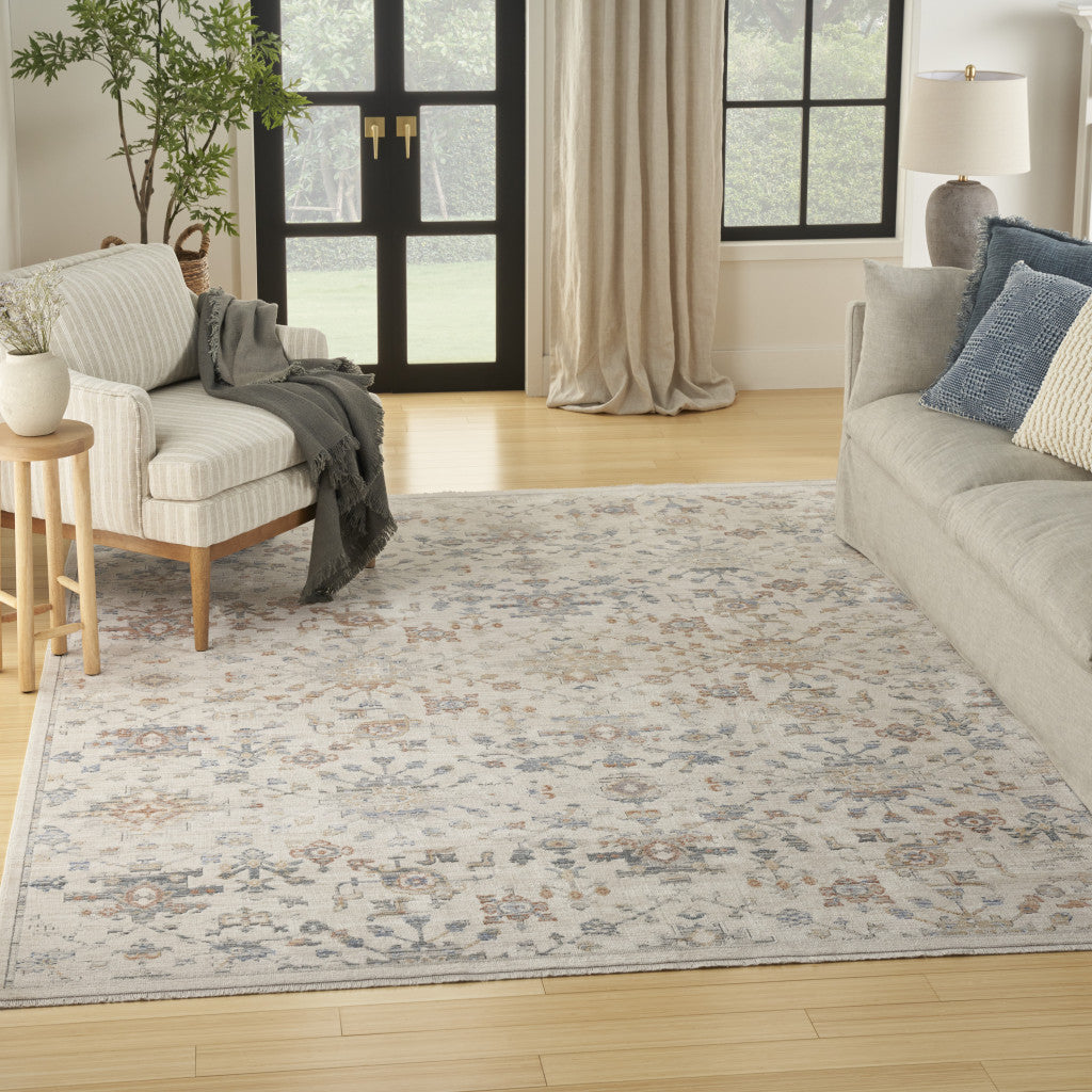 8 x 10 Ivory & Gray Oriental Power Loom Distressed Rug With Fringe