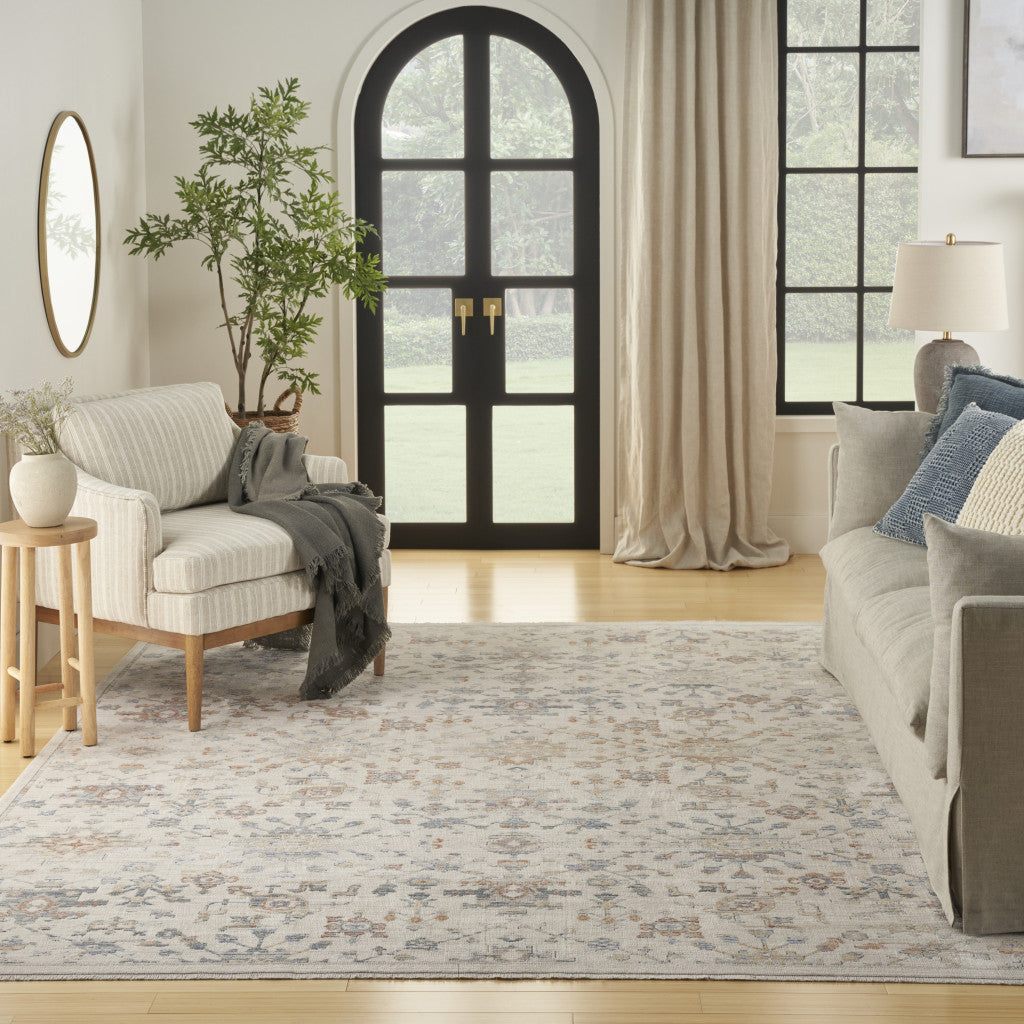 8 x 10 Ivory & Gray Oriental Power Loom Distressed Rug With Fringe