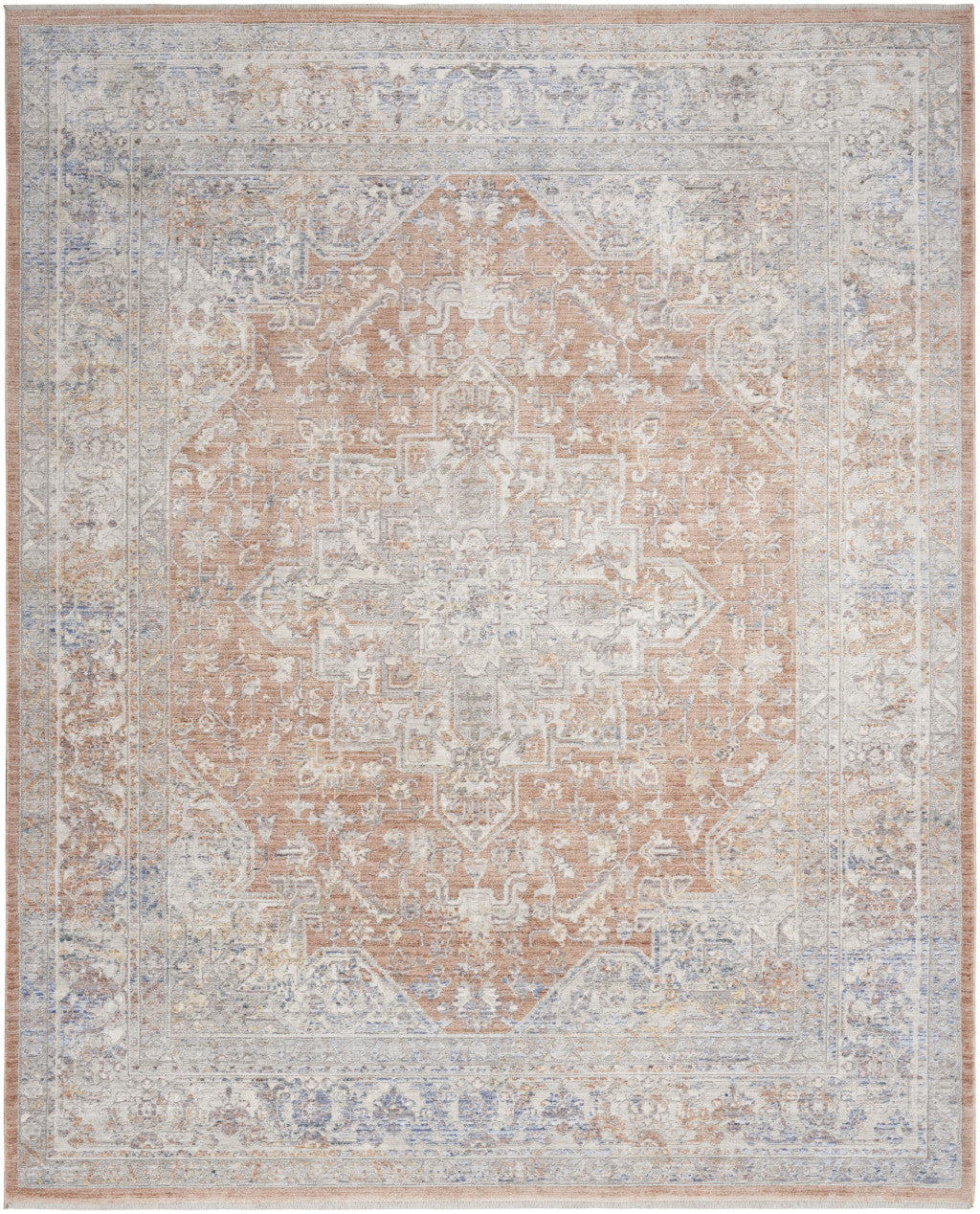8 x 10 Brown & Blue Oriental Power Loom Distressed Rug With Fringe
