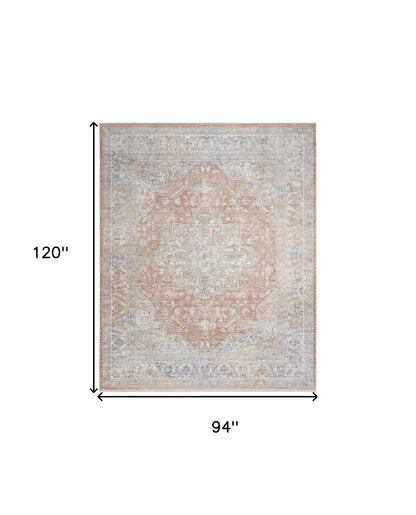 8 x 10 Brown & Blue Oriental Power Loom Distressed Rug With Fringe
