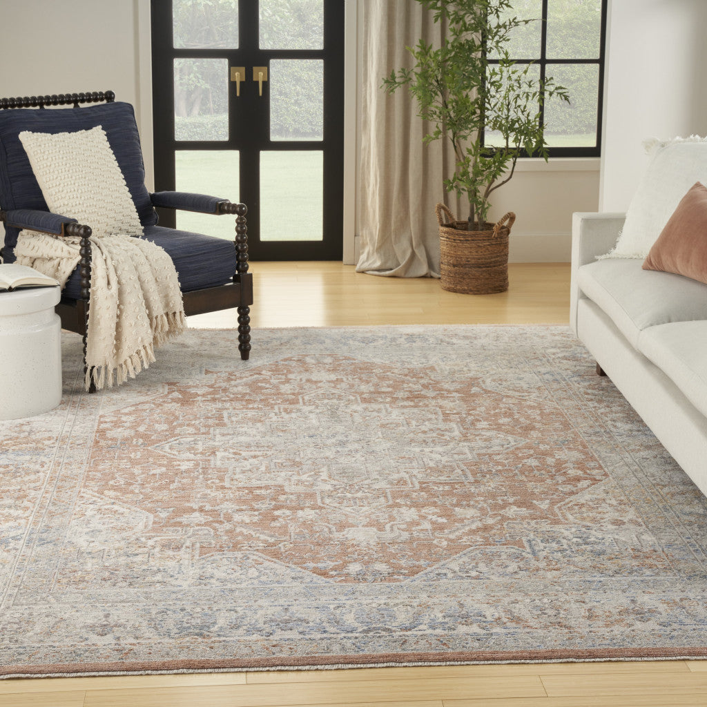 8 x 10 Brown & Blue Oriental Power Loom Distressed Rug With Fringe