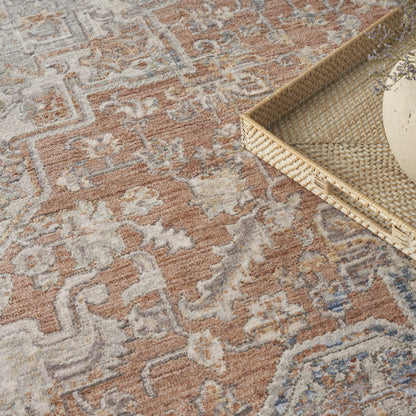 8 x 10 Brown & Blue Oriental Power Loom Distressed Rug With Fringe