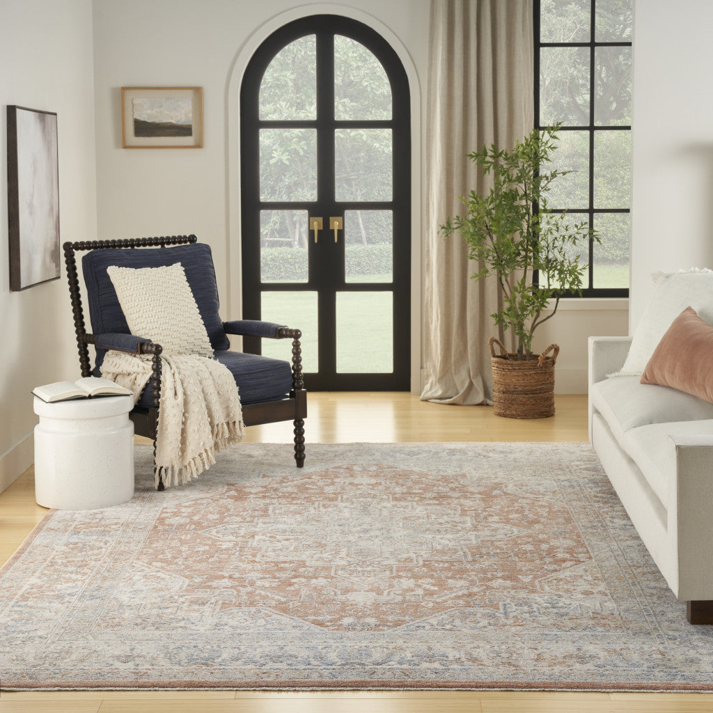 8 x 10 Brown & Blue Oriental Power Loom Distressed Rug With Fringe