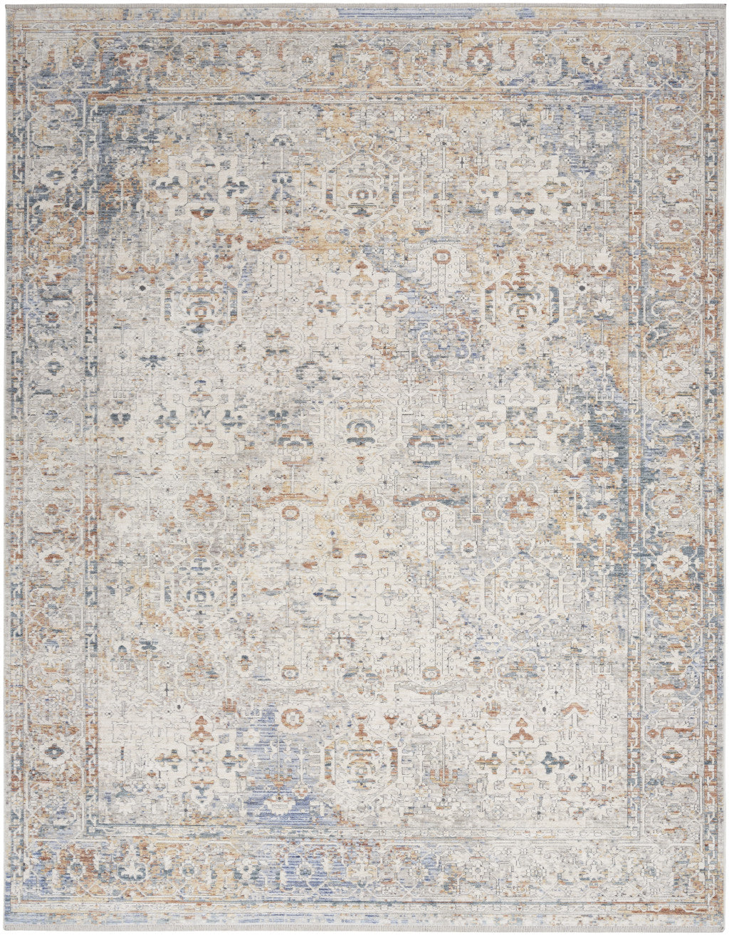 8 x 10 Ivory Blue & Orange Oriental Power Loom Distressed Rug With Fringe