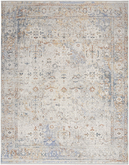 8 x 10 Ivory Blue & Orange Oriental Power Loom Distressed Rug With Fringe