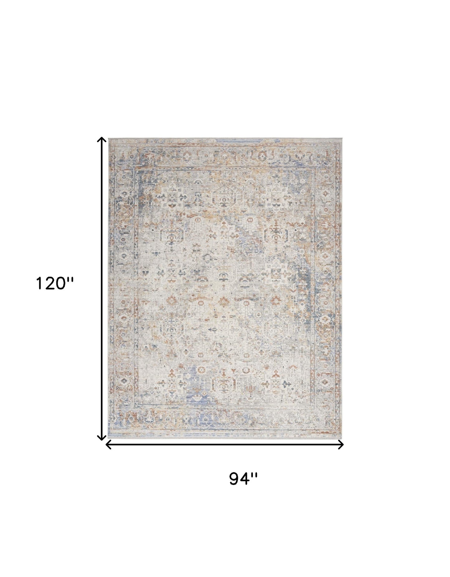 8 x 10 Ivory Blue & Orange Oriental Power Loom Distressed Rug With Fringe
