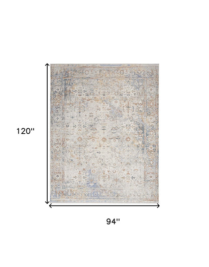 8 x 10 Ivory Blue & Orange Oriental Power Loom Distressed Rug With Fringe