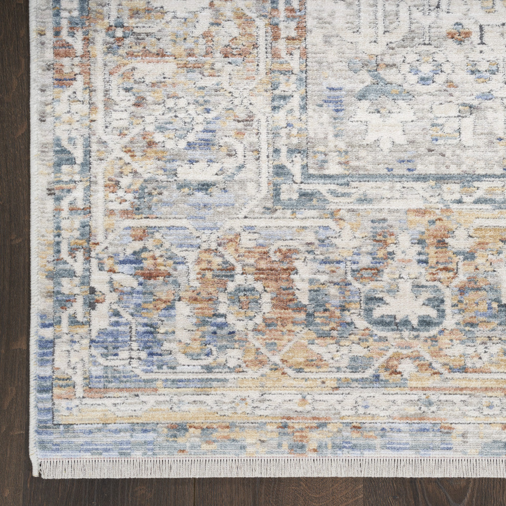 8 x 10 Ivory Blue & Orange Oriental Power Loom Distressed Rug With Fringe