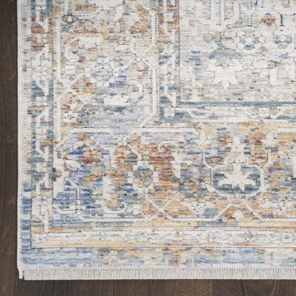 8 x 10 Ivory Blue & Orange Oriental Power Loom Distressed Rug With Fringe