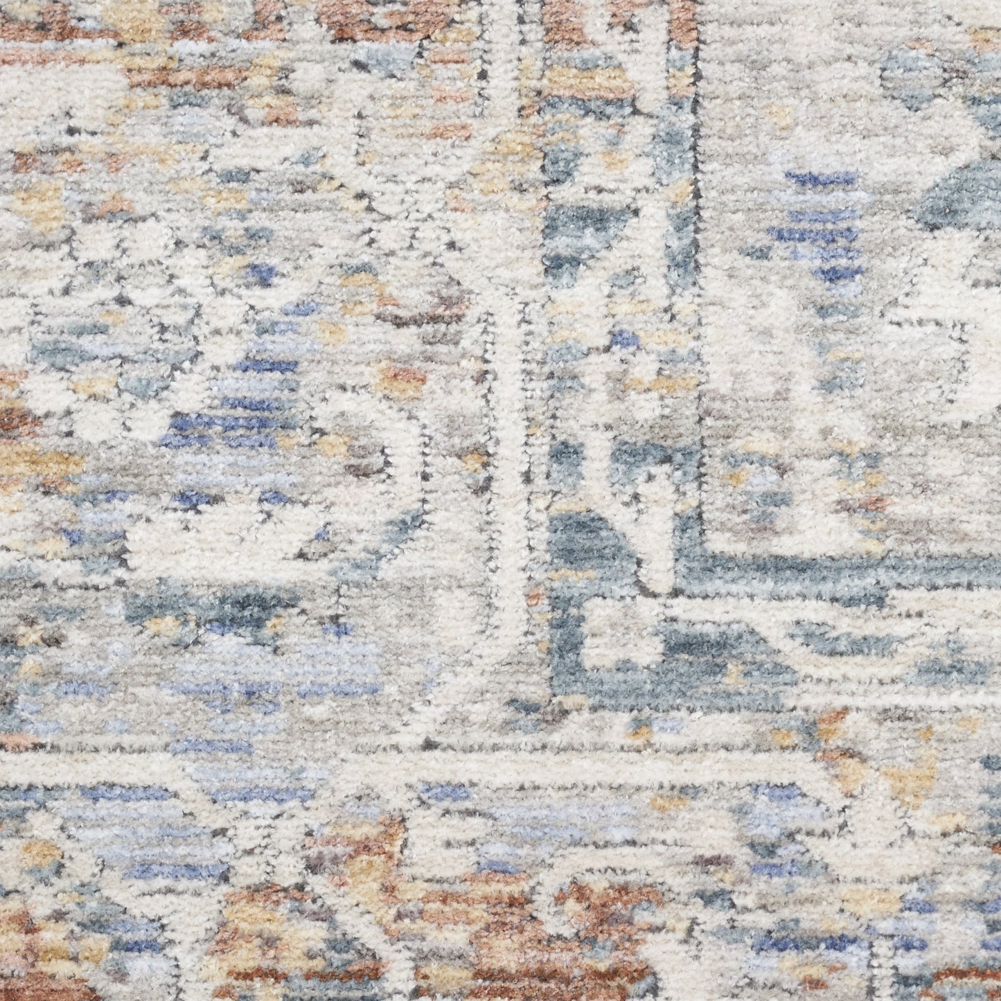 8 x 10 Ivory Blue & Orange Oriental Power Loom Distressed Rug With Fringe