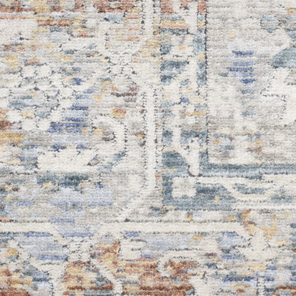 8 x 10 Ivory Blue & Orange Oriental Power Loom Distressed Rug With Fringe