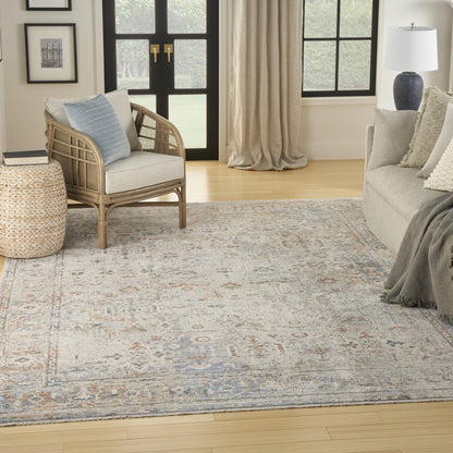 8 x 10 Ivory Blue & Orange Oriental Power Loom Distressed Rug With Fringe