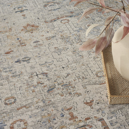 8 x 10 Ivory Blue & Orange Oriental Power Loom Distressed Rug With Fringe