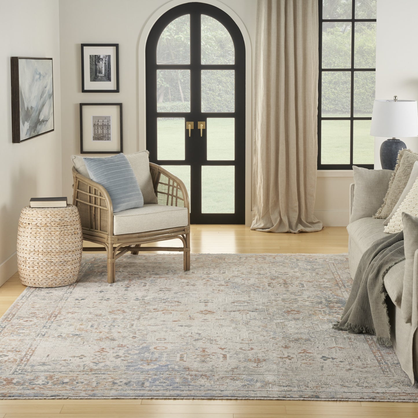 8 x 10 Ivory Blue & Orange Oriental Power Loom Distressed Rug With Fringe