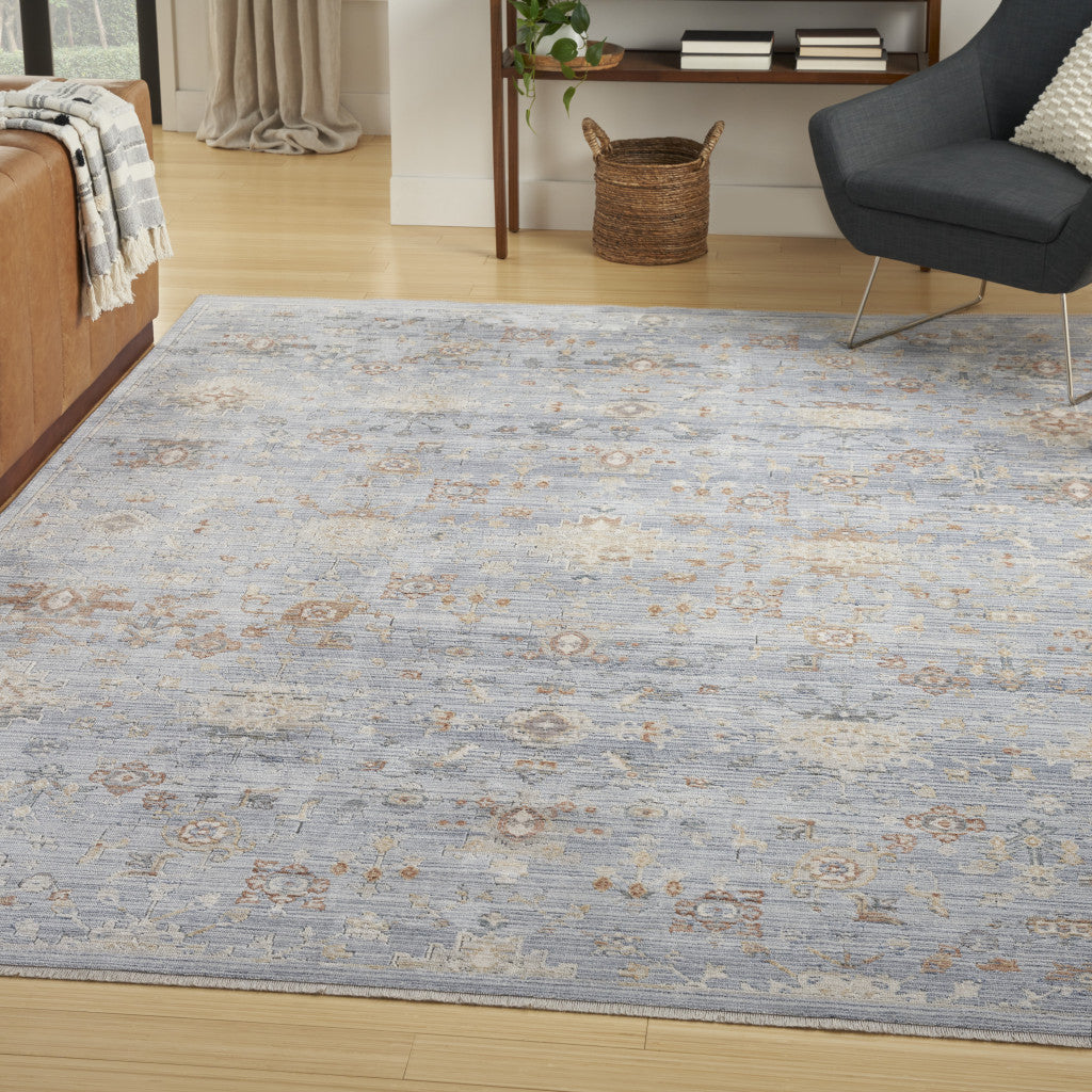 8 x 10 Blue & Ivory Oriental Power Loom Distressed Rug With Fringe