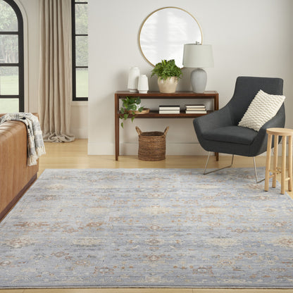 8 x 10 Blue & Ivory Oriental Power Loom Distressed Rug With Fringe