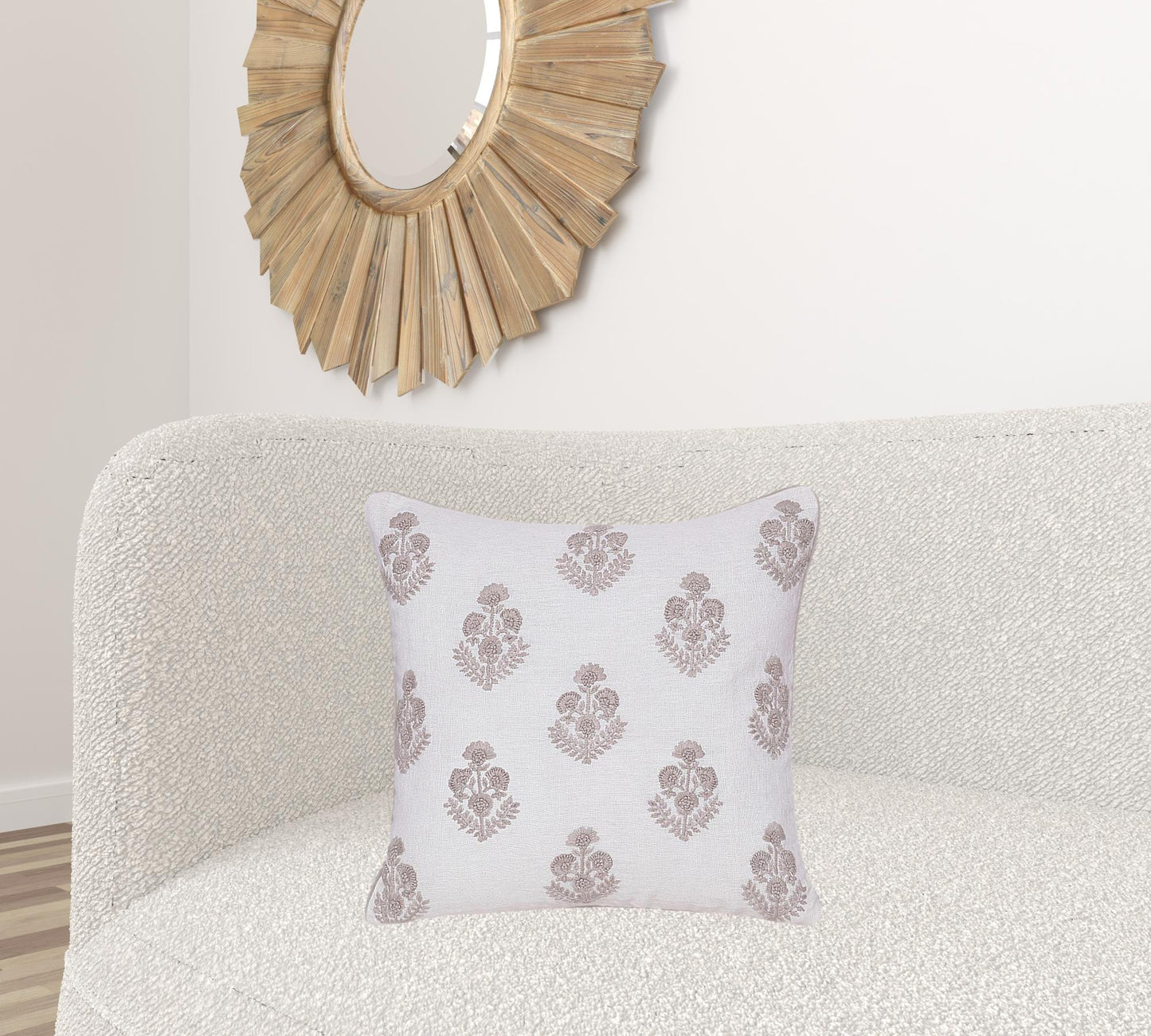 Natural & Ivory Floral Linen Pillow w/ Embroidery