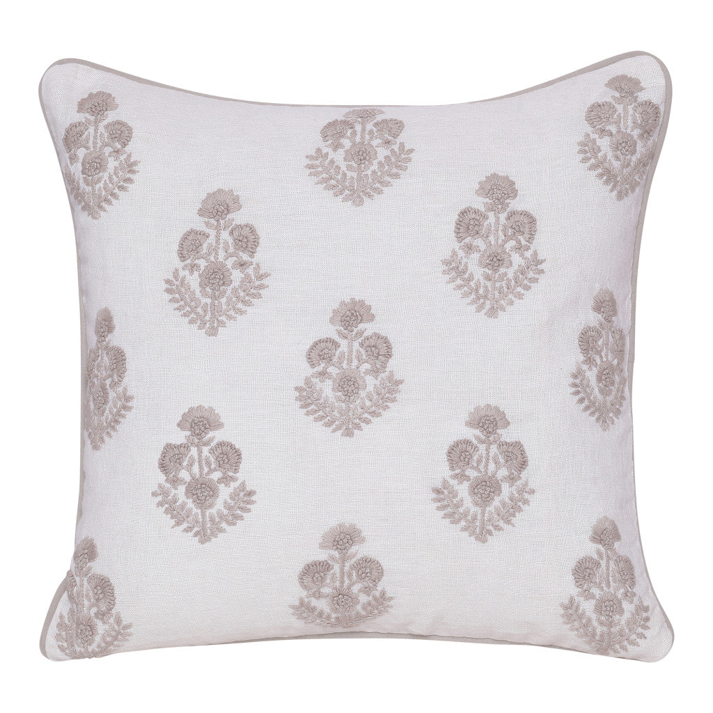 Natural & Ivory Floral Linen Pillow w/ Embroidery