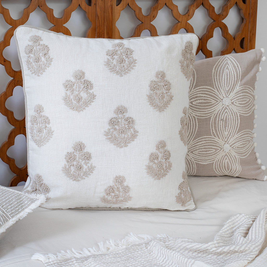 Natural & Ivory Floral Linen Pillow w/ Embroidery