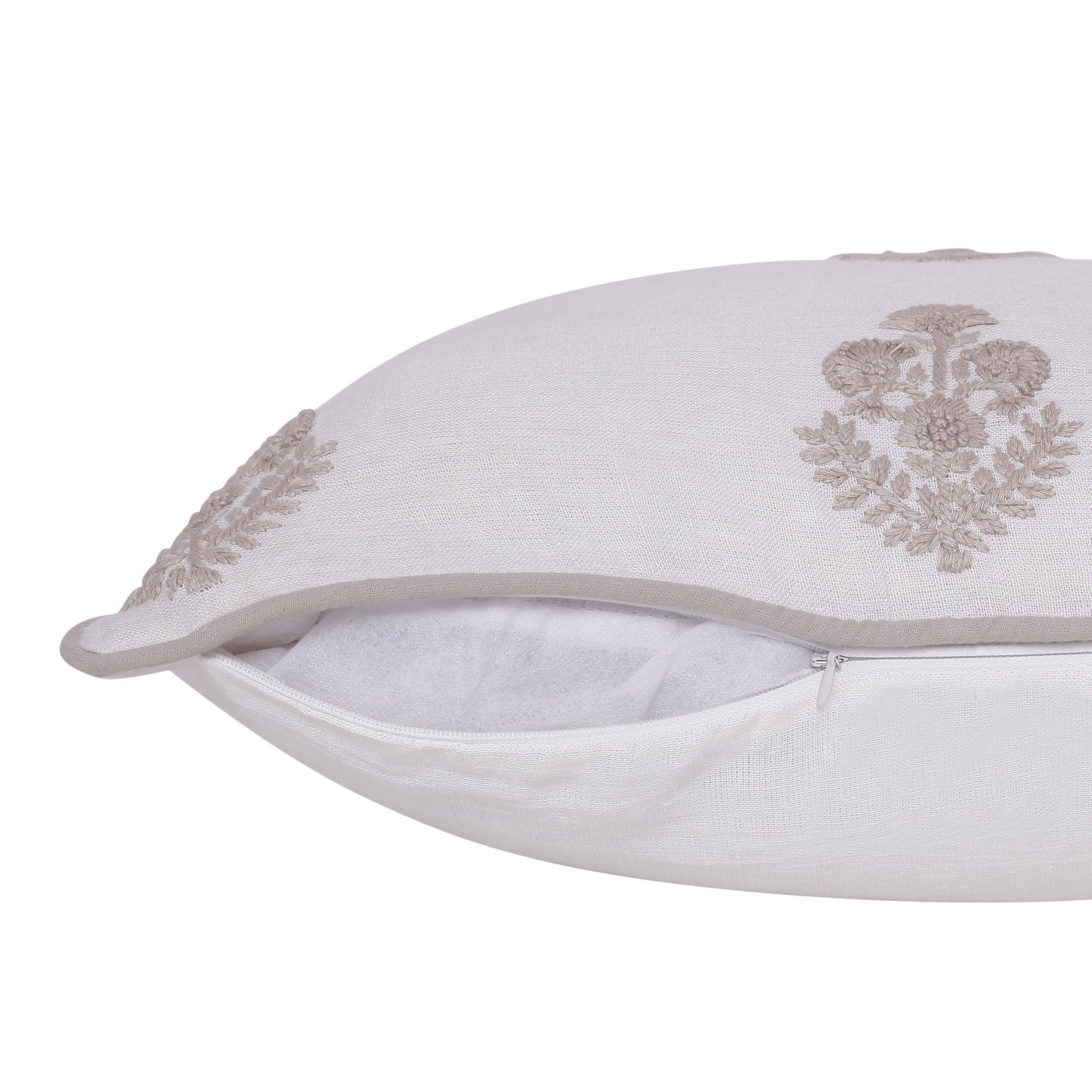 Natural & Ivory Floral Linen Pillow w/ Embroidery