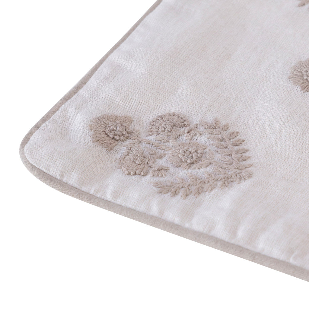 Natural & Ivory Floral Linen Pillow w/ Embroidery