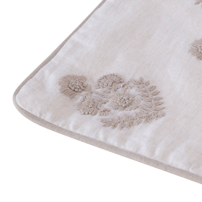 Natural & Ivory Floral Linen Pillow w/ Embroidery
