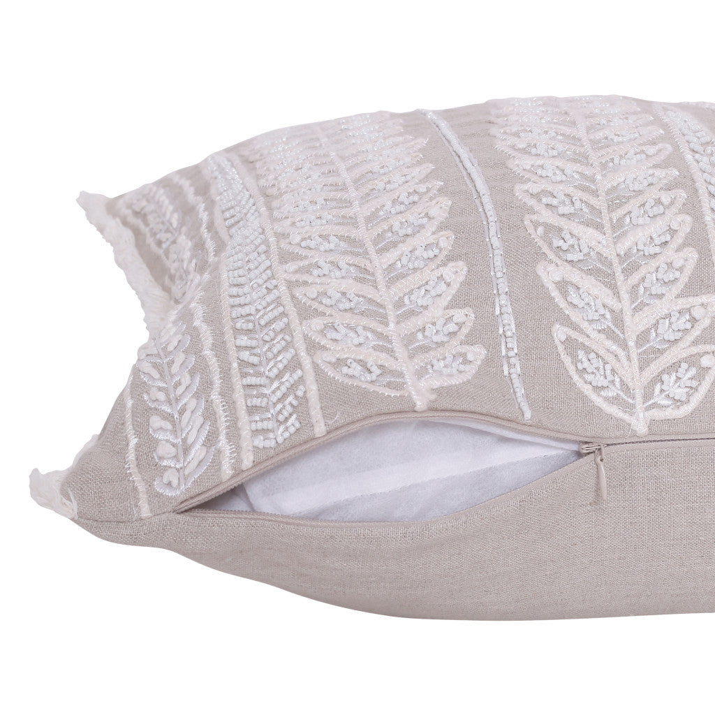 Natural & Ivory Floral Linen Pillow w/ Embroidery